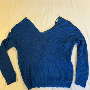 Blue off the shoulder with back knot detail sweater